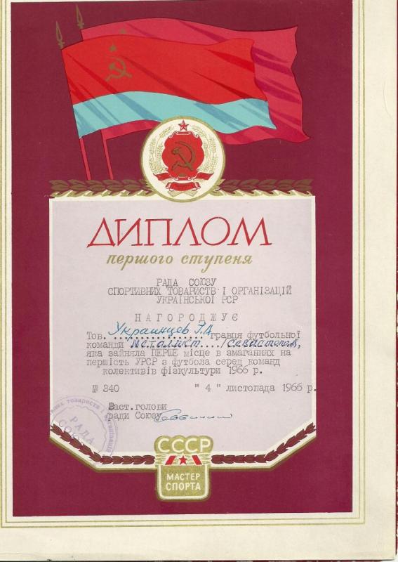 Диплом Ивана Андреевича Украинцева 1966 г.